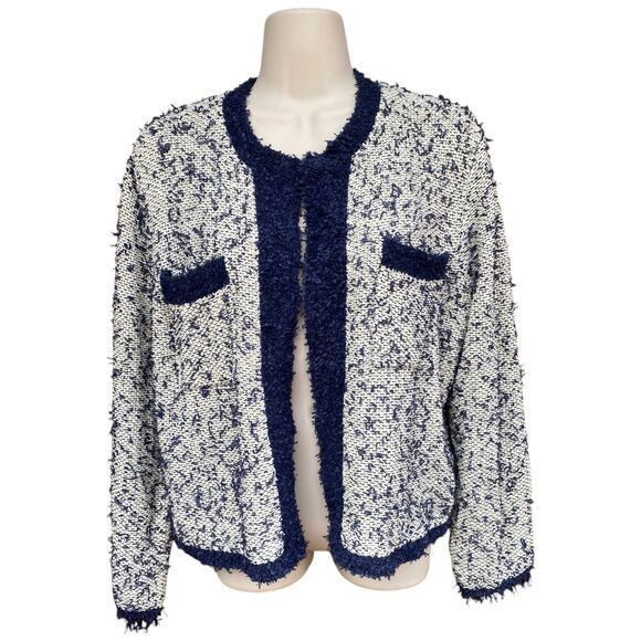 J.Crew Sz M contrast tweed white Navy Open front cropped jacket blazer cardigan - Picture 3 of 12